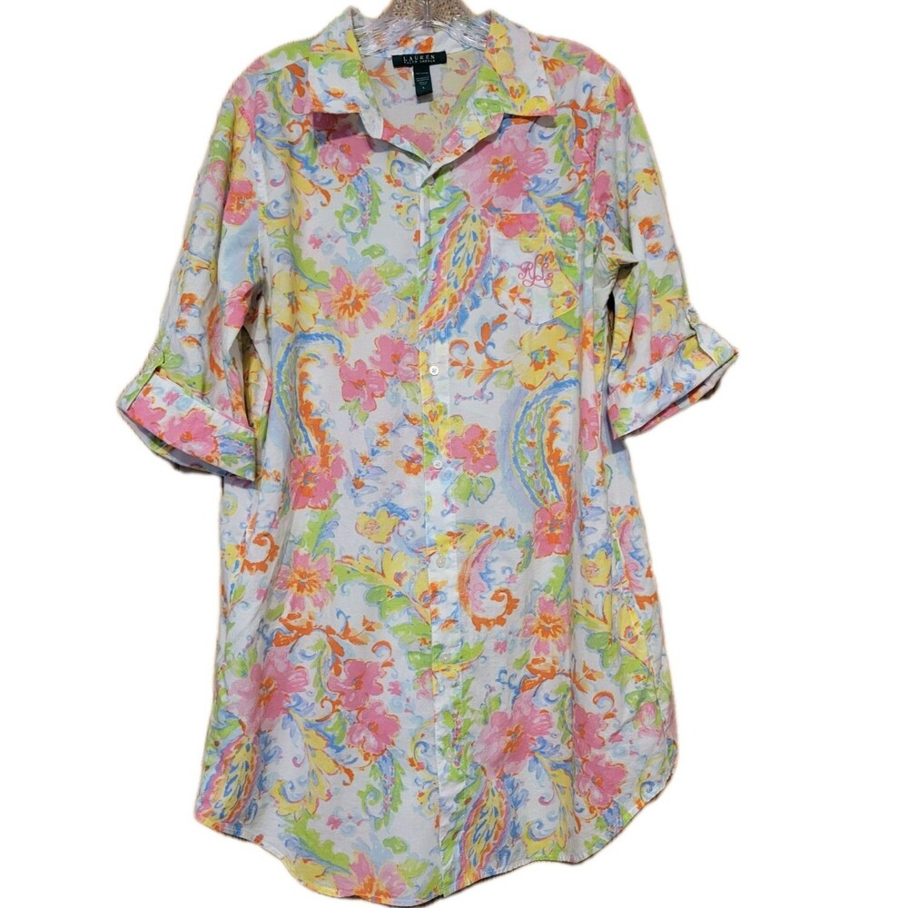 Lauren Ralph Lauren Sleep Shirt Womens Large Multicolor Button up Paisley Floral